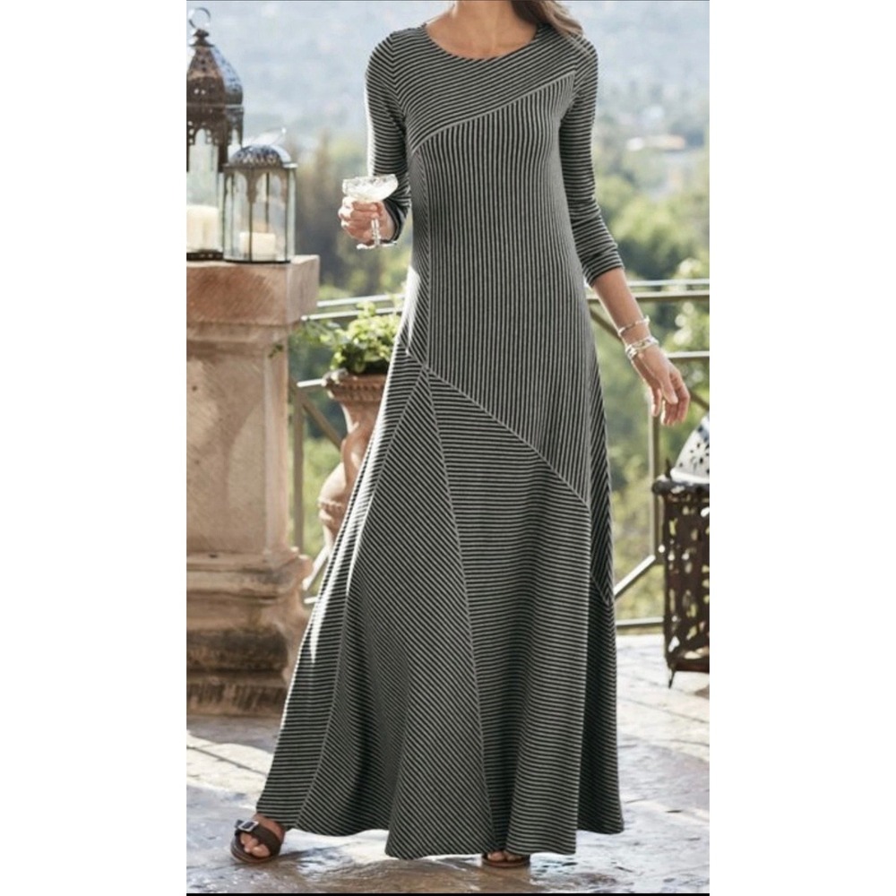 Soft Surroundings Ryley Maxi Dress PL Striped Asymmetrical Ribbed Knit Modest